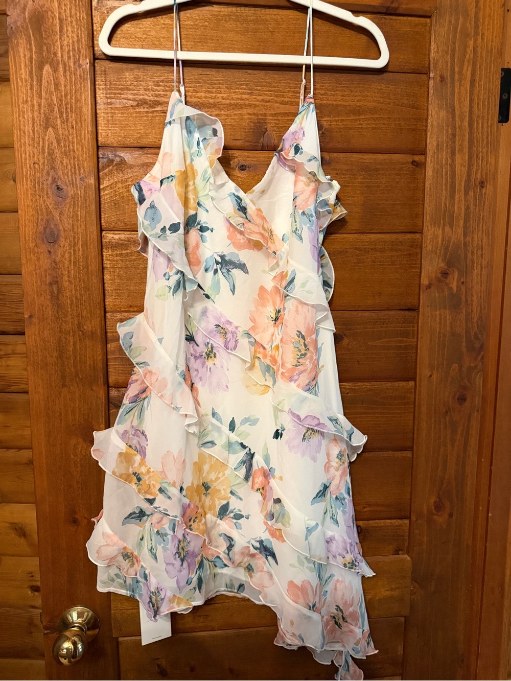 Abercrombie & Fitch Floral Ruffle Slip Dress - White with Pastel Blooms